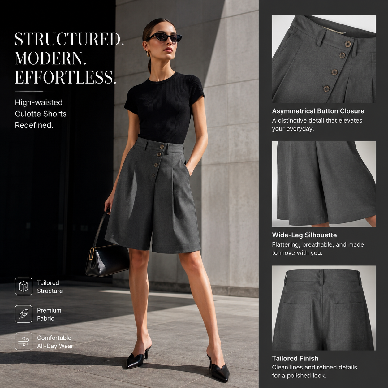 Asymmetric Button Tailored Culotte Shorts - C1012-detail-waist.png