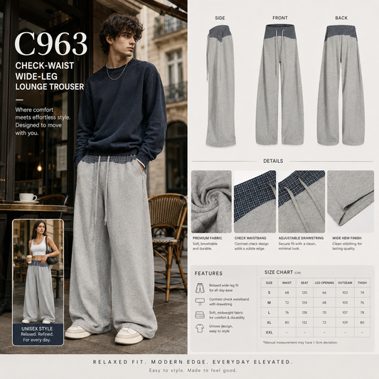 Check-Waist Wide-Leg Lounge Trousers - C963-front.png