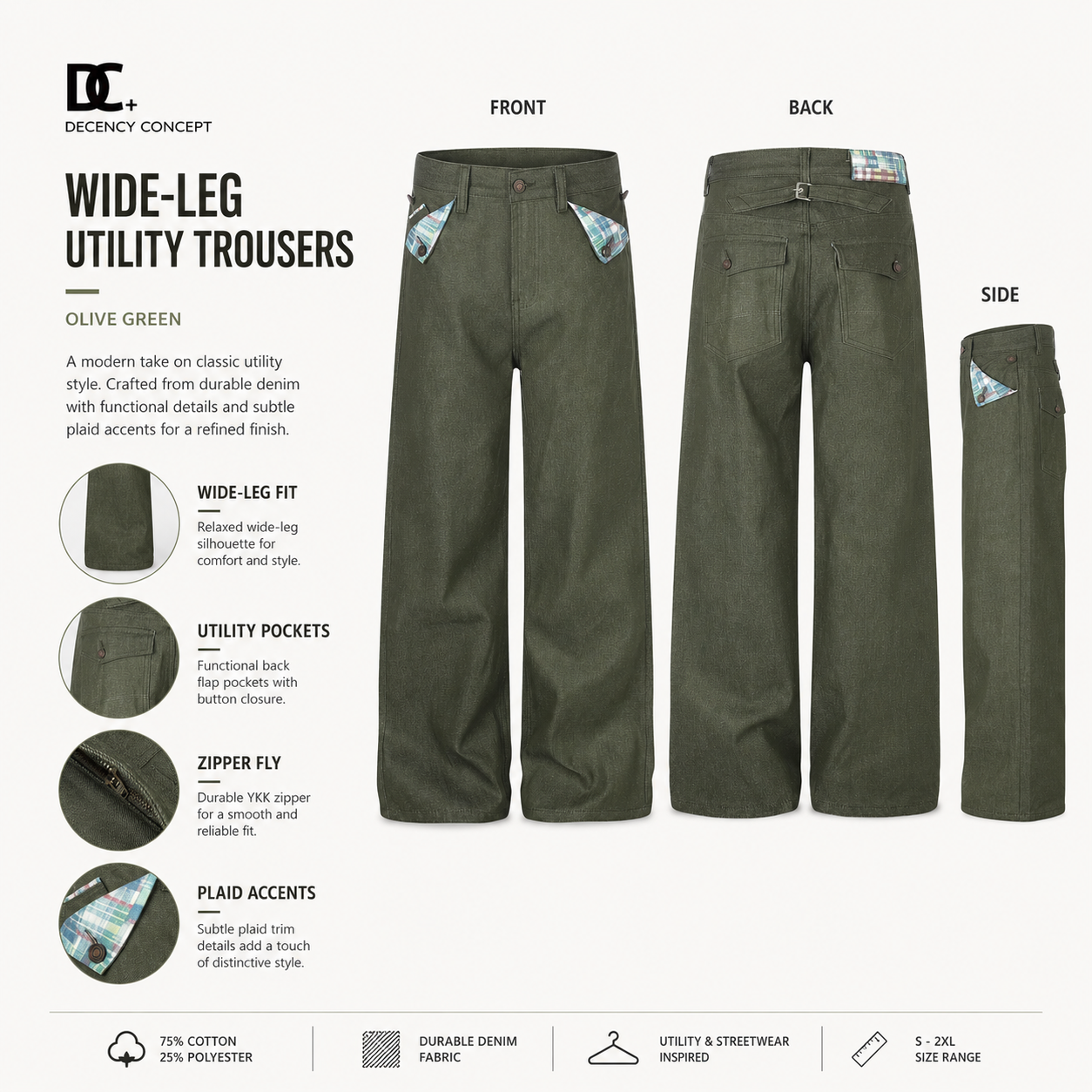 Plaid-Accent Utility Wide-Leg Trousers - C9065-back-human.png