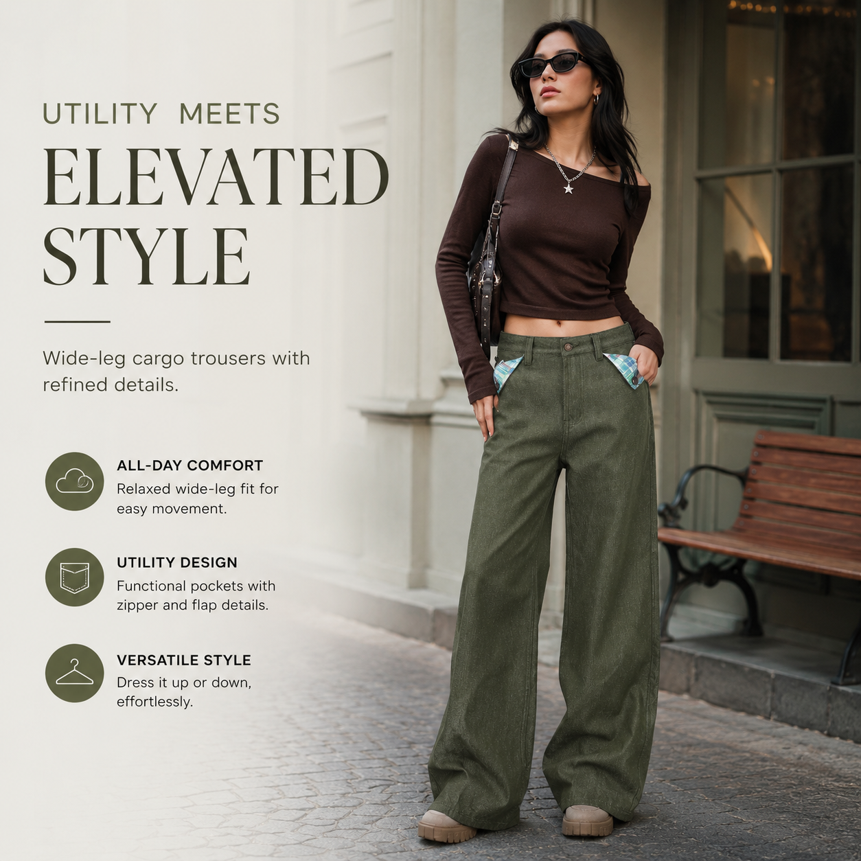Plaid-Accent Utility Wide-Leg Trousers - C9065-front-human.png