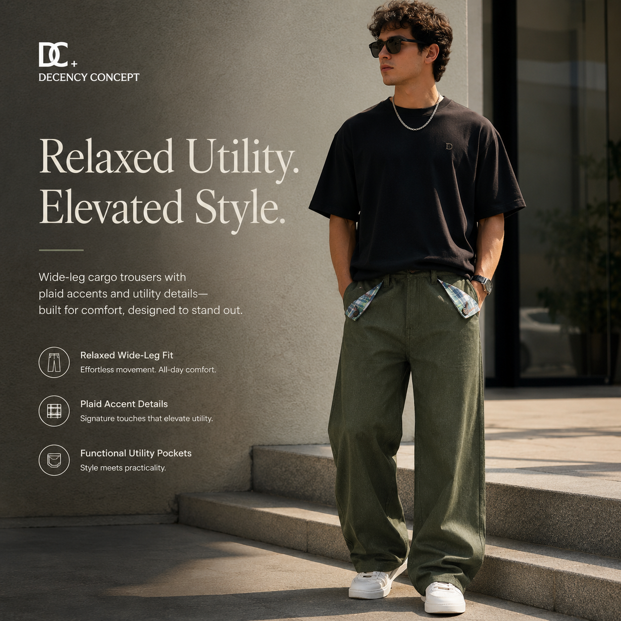 Plaid-Accent Utility Wide-Leg Trousers - C9065-main-human.png