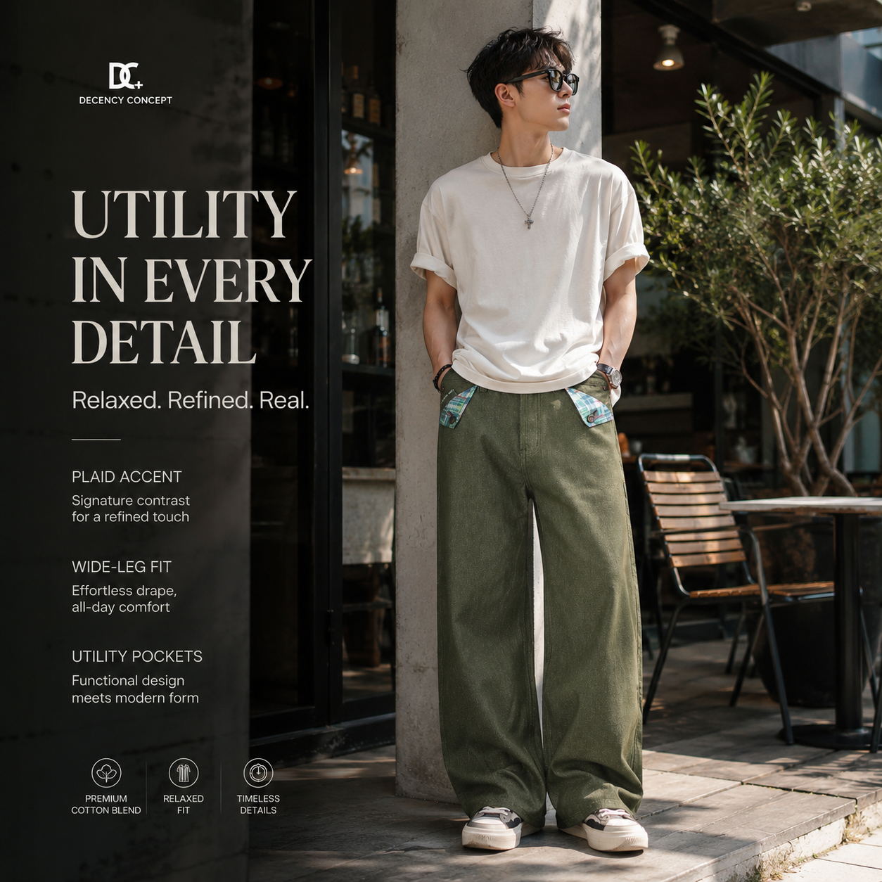 Plaid-Accent Utility Wide-Leg Trousers - C9065-side-human.png