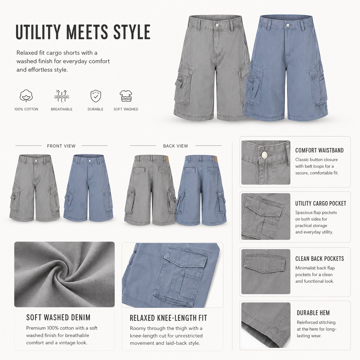 Washed Cargo Denim Bermuda Shorts - C9066-back-human.png