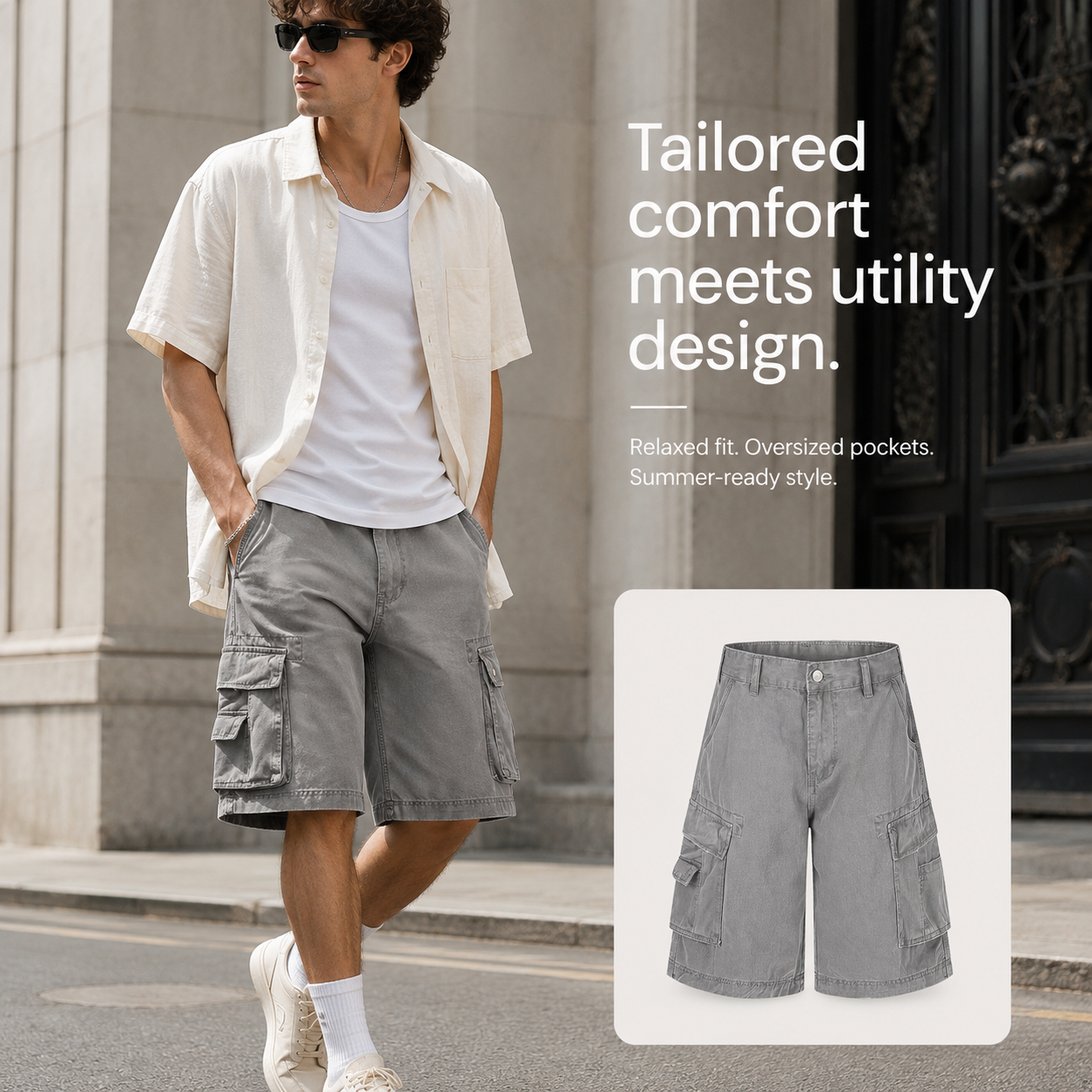Washed Cargo Denim Bermuda Shorts - C9066-front-human.png