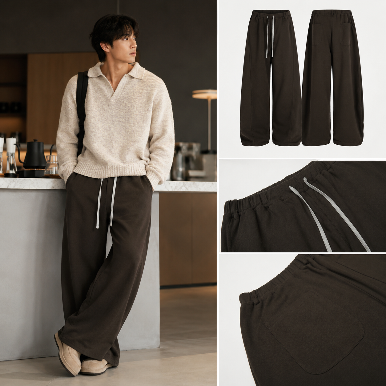 Deep Brown Wide-Leg Sweatpants - C938-men-fit-human.png