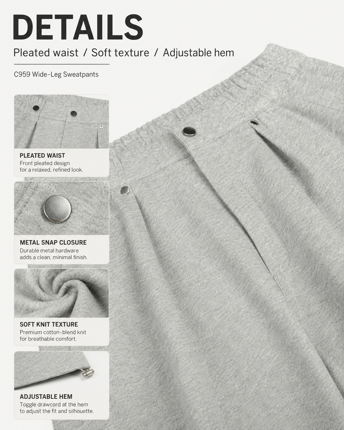 Snap-Detail Pleated Wide-Leg Sweatpants - C959-detail-waist.png