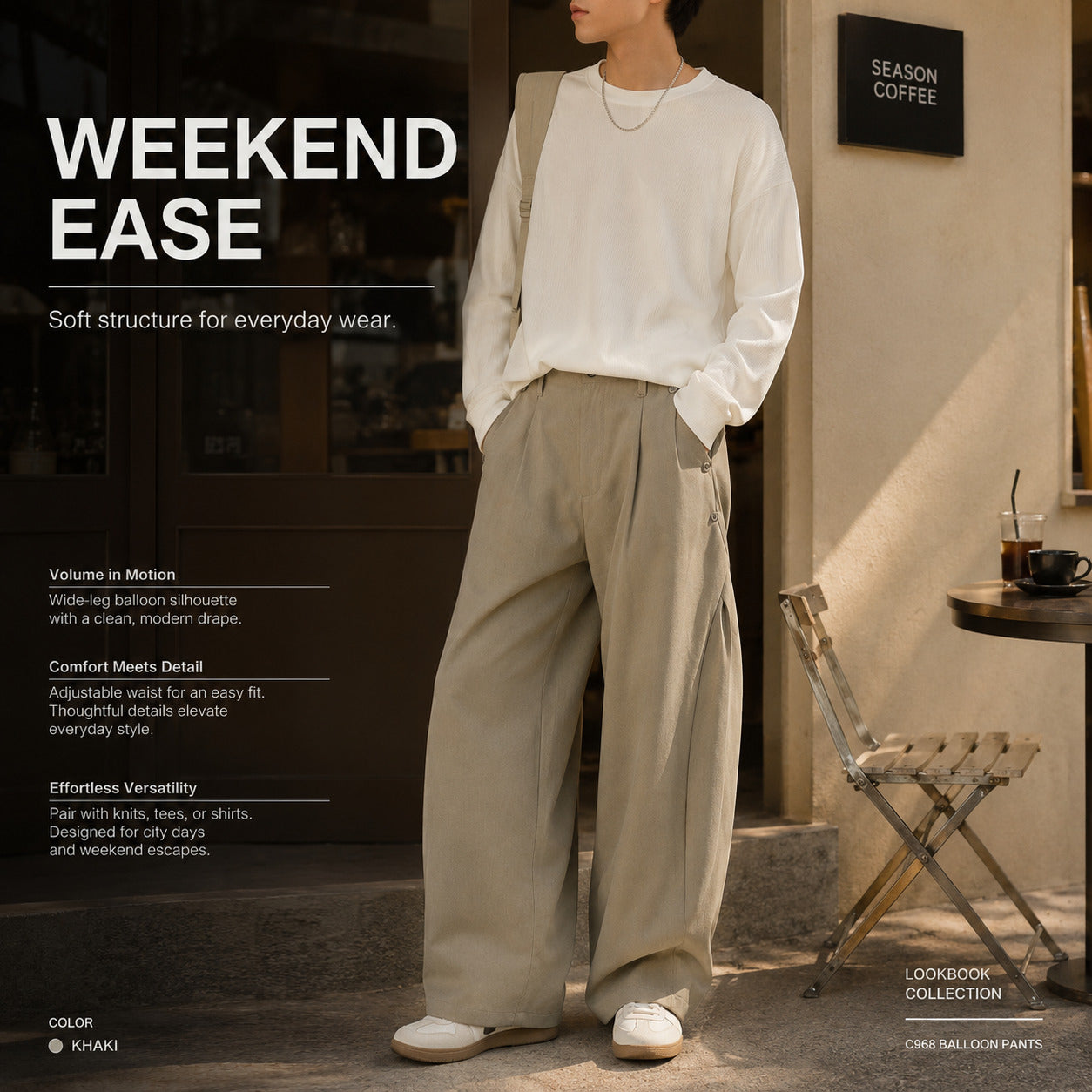 Side-Elastic Khaki Balloon Pants - C968-front.jpg