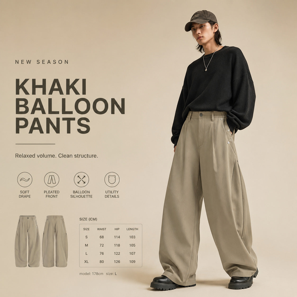 Side-Elastic Khaki Balloon Pants - C968-main.jpg