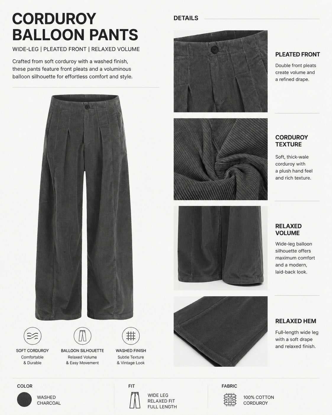 Pleated Corduroy Balloon Wide-Leg Trousers - C970-detail-fabric.jpg