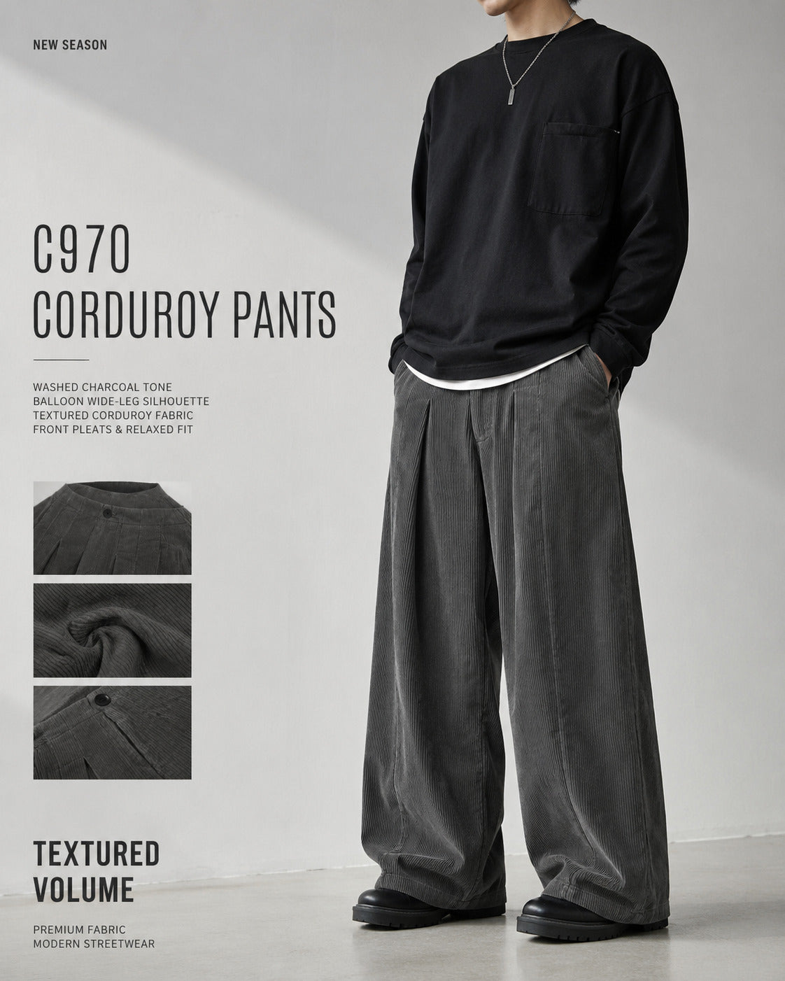 Pleated Corduroy Balloon Wide-Leg Trousers - C970-main.jpg
