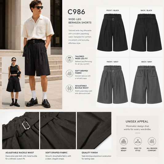 Belted Paperbag Wide-Leg Bermuda Shorts - C986-main.png