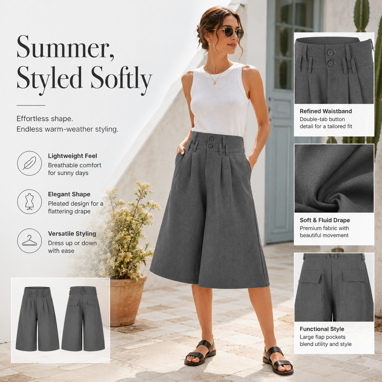 Pleated Wide-Leg Tailored Bermuda Shorts - C993-detail-waist.png